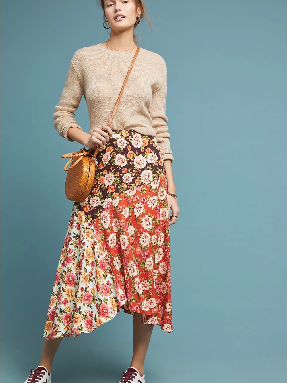 Anthropologie Floral Asymmetrical Patchwork Skirt - Red Multi